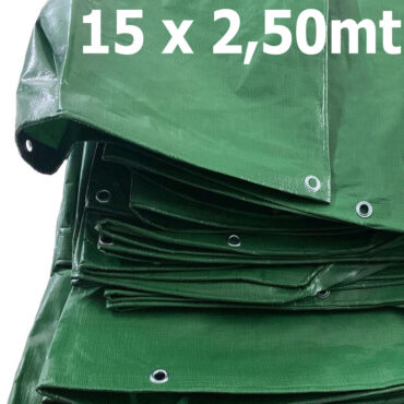 Lona: 15,0 x 2,5m Verde 300 Micras Impermeável Plástica Polietileno + Ilhos cada 50cm Fundo Quadra Tênis Escorrega Skibun Cobertura Proteção